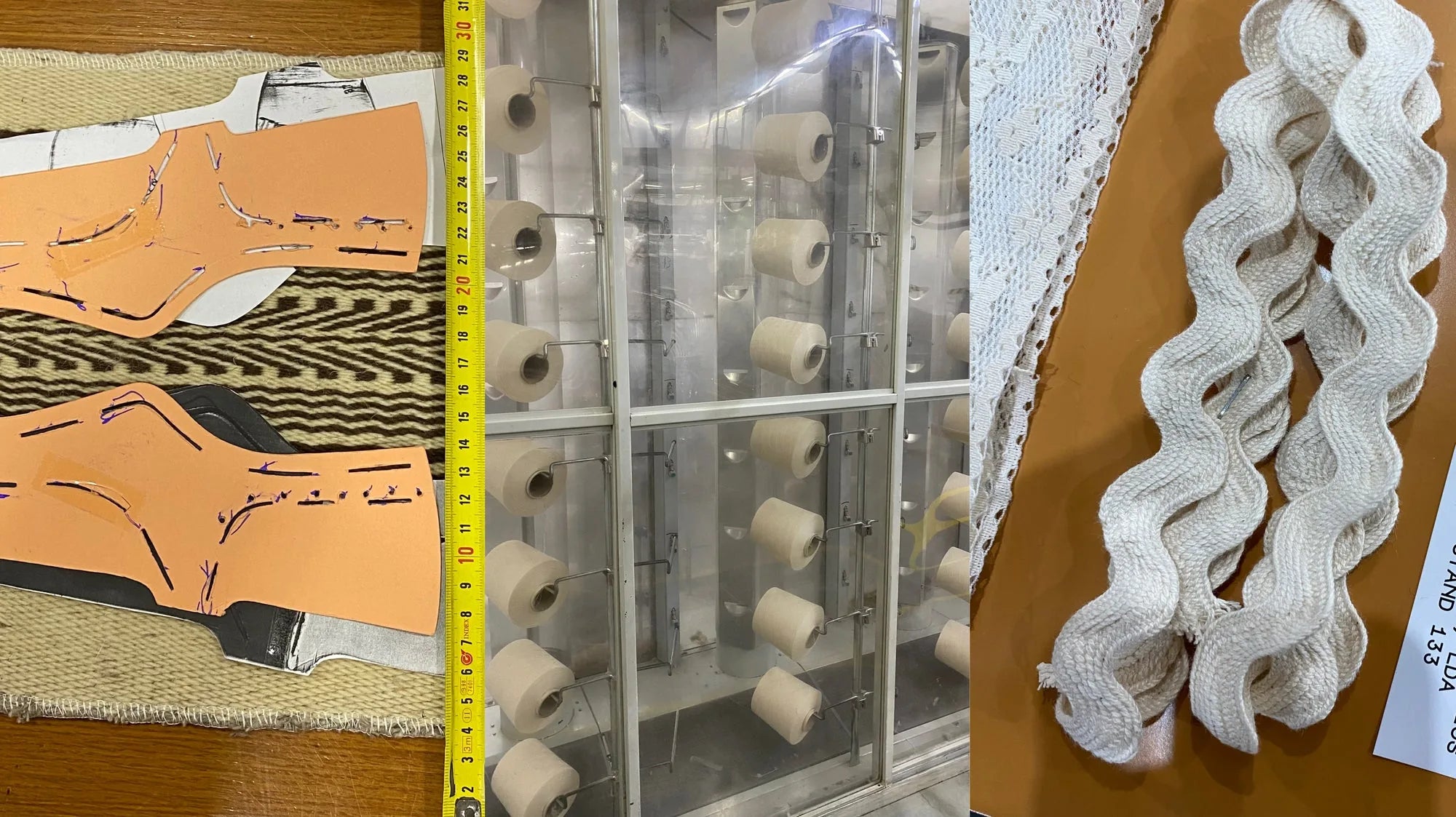 Pormenores de produção: moldes em papel, novelos de fio e amostras de tecido