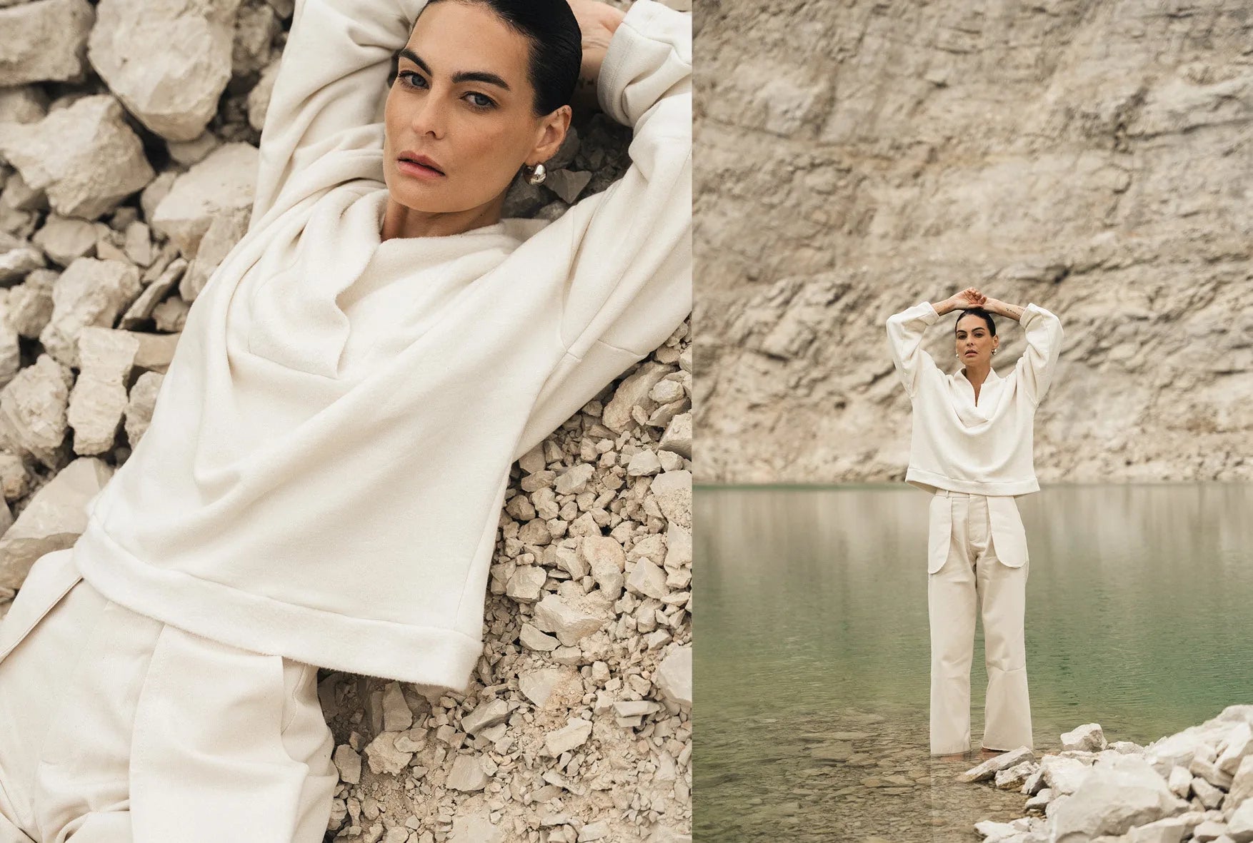 Editorial da Benedita Formosinho com conjunto em tom cru junto a rochas e água