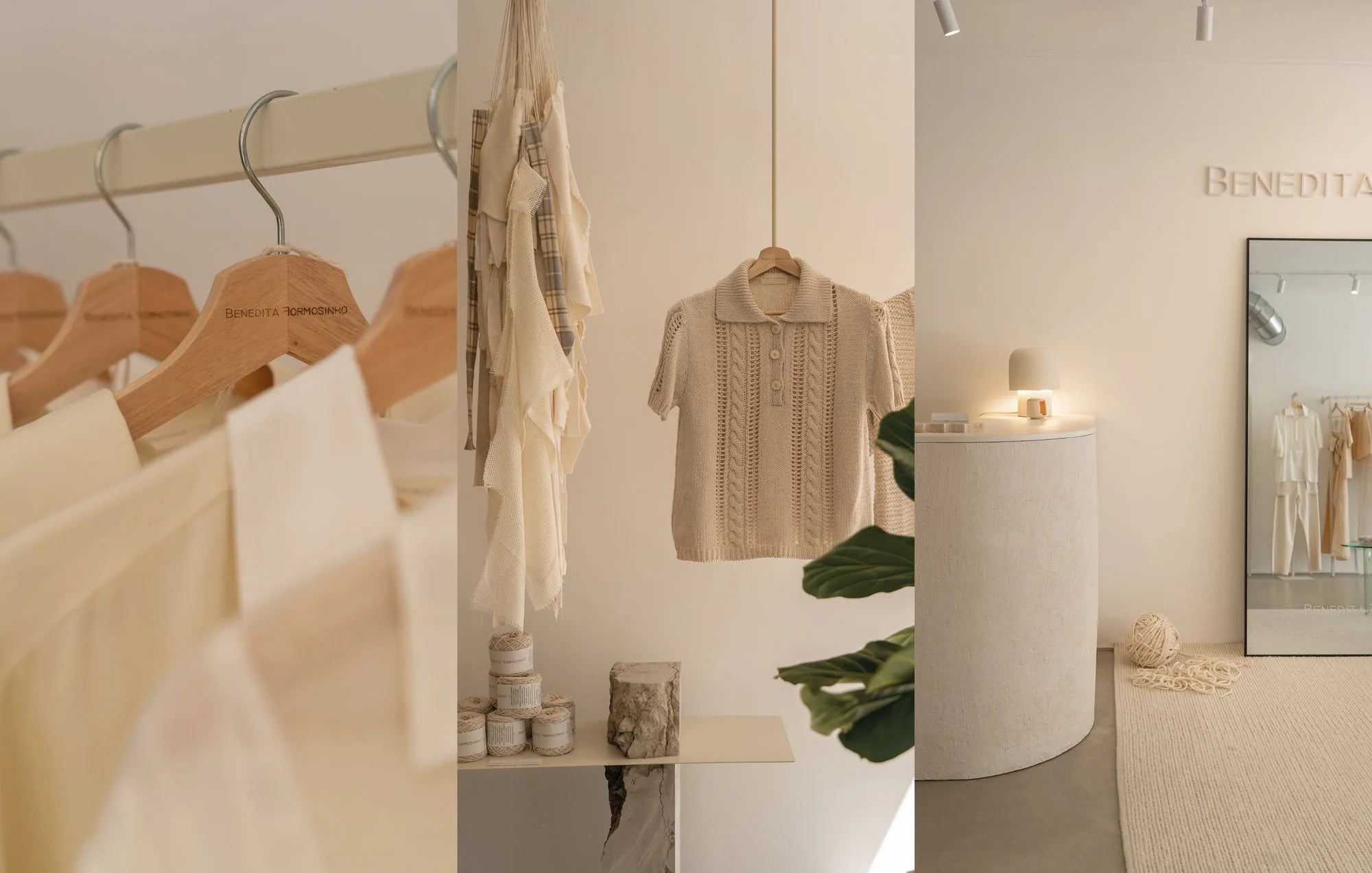 Detalhes de uma loja Benedita Formosinho: cabides de madeira gravados, peças de malha em tons neutros e balcão com candeeiro e espelho